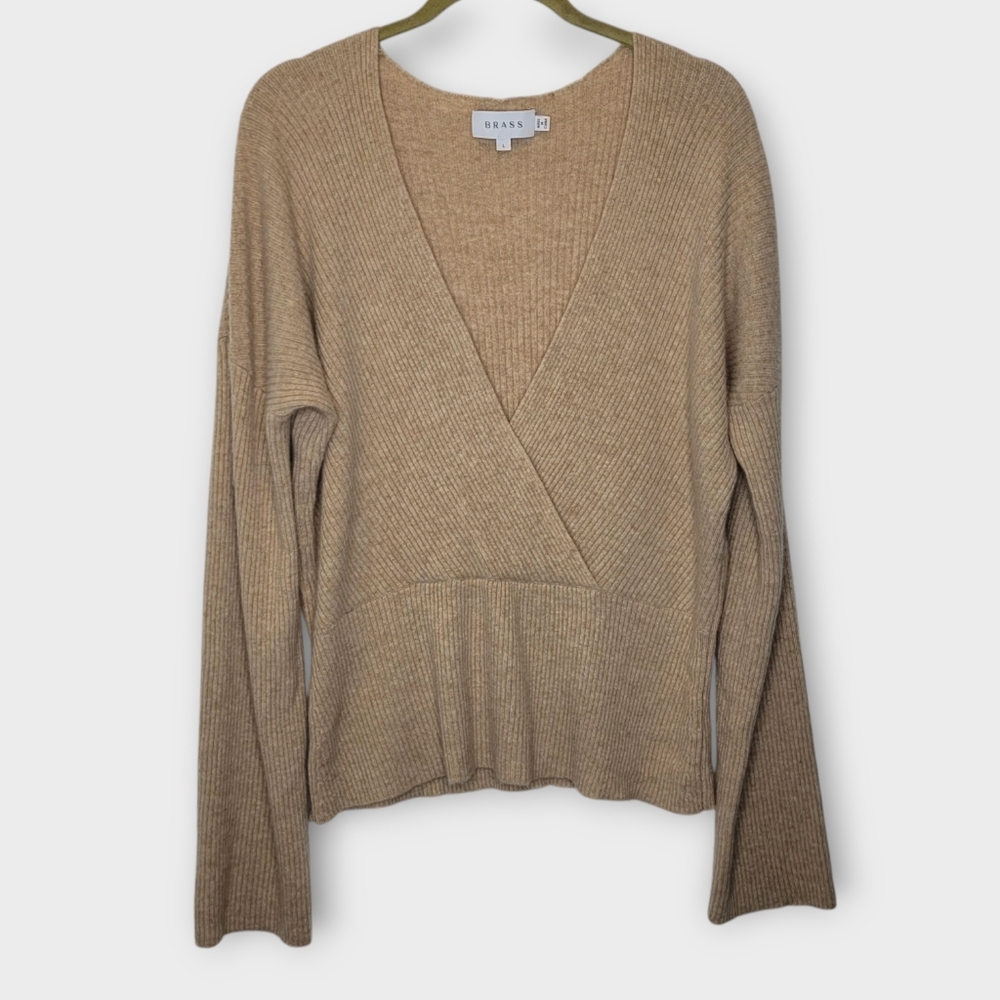 Brass Cashmere Ribbed Faux Wrap Sweater L Tan